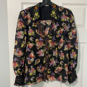 Alice + Olivia Silk Blend Cosmos Smocked Detail Blouse -SIZE M
